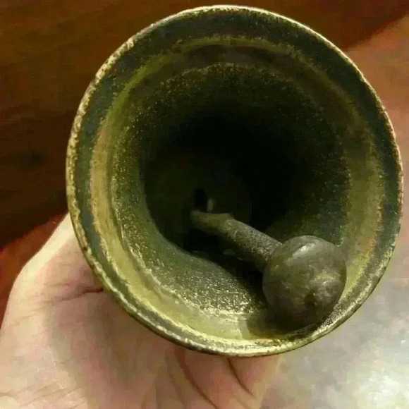 Antique Brass Metal Hand Held School Dinner Bell Wood Handle 7” Heavy - Picture 3 of 4